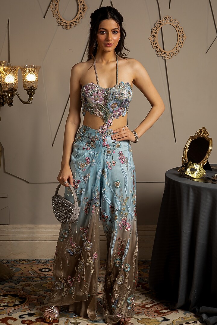 Blue & Taupe Shimmer Organza Floral Embroidered Cape Set by Moledro at Pernia's Pop Up Shop