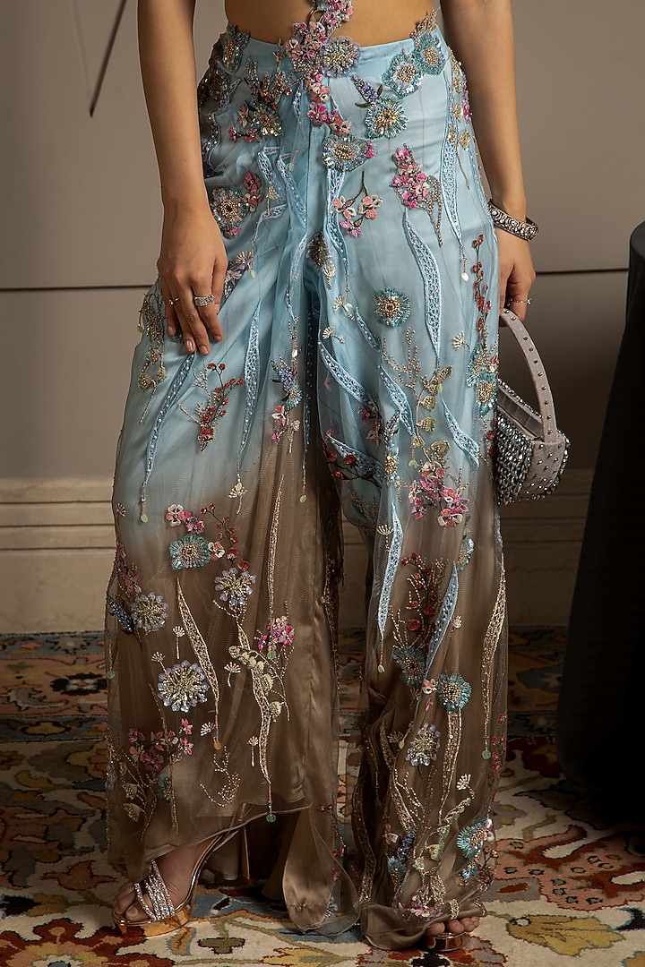 Blue & Taupe Shimmer Organza Floral Embroidered Cape Set by Moledro at Pernia's Pop Up Shop