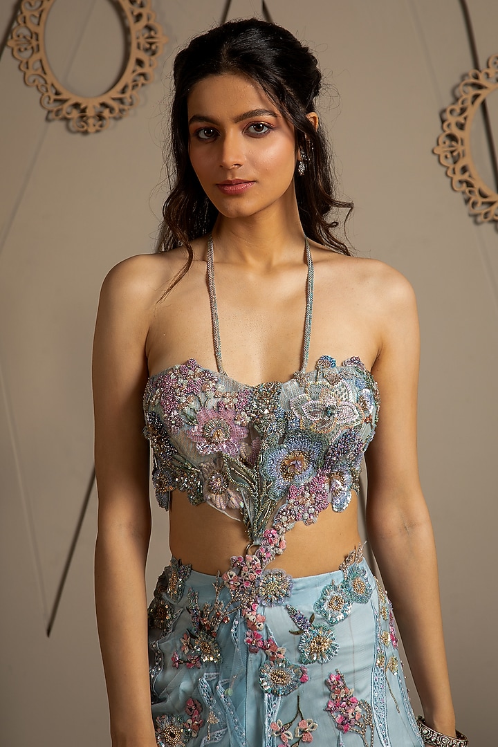 Blue & Taupe Shimmer Organza Floral Embroidered Cape Set by Moledro at Pernia's Pop Up Shop