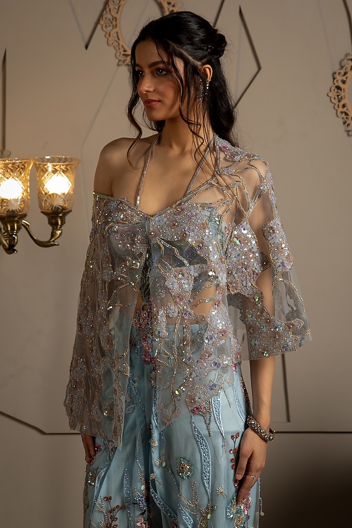 Blue & Taupe Shimmer Organza Floral Embroidered Cape Set by Moledro at Pernia's Pop Up Shop