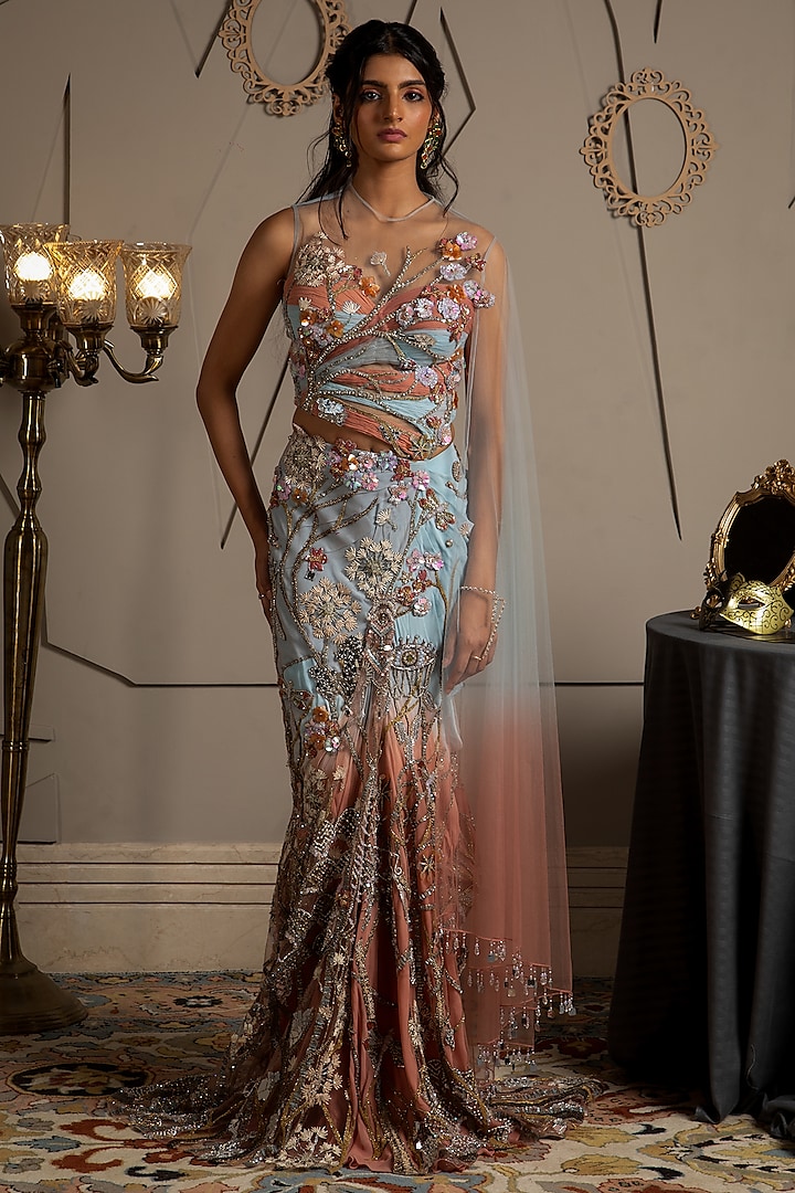 Blue & Rose Ombre Georgette Hand Embroidered Pre-Draped Reception Saree Set by Moledro at Pernia's Pop Up Shop