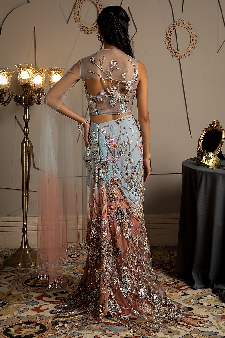 Blue & Rose Ombre Georgette Hand Embroidered Pre-Draped Reception Saree Set by Moledro at Pernia's Pop Up Shop