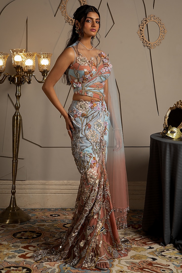 Blue & Rose Ombre Georgette Hand Embroidered Pre-Draped Reception Saree Set by Moledro at Pernia's Pop Up Shop