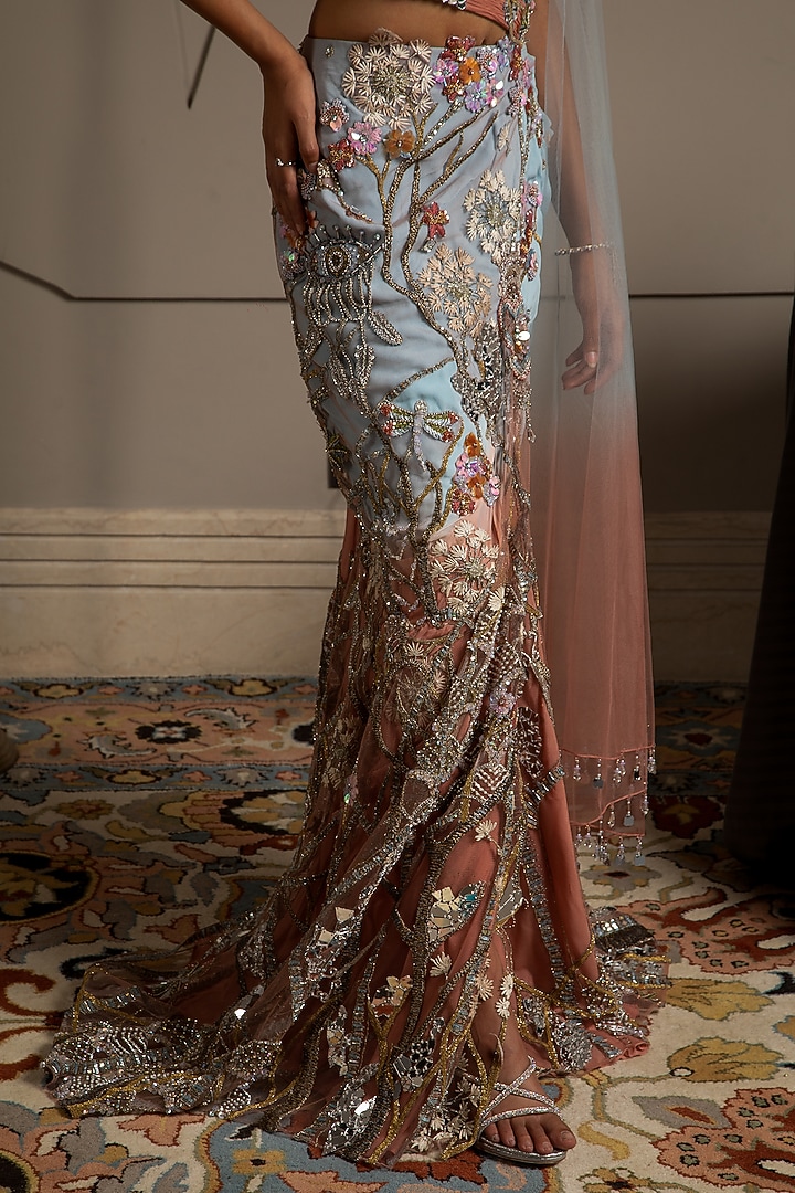 Blue & Rose Ombre Georgette Hand Embroidered Pre-Draped Reception Saree Set by Moledro at Pernia's Pop Up Shop