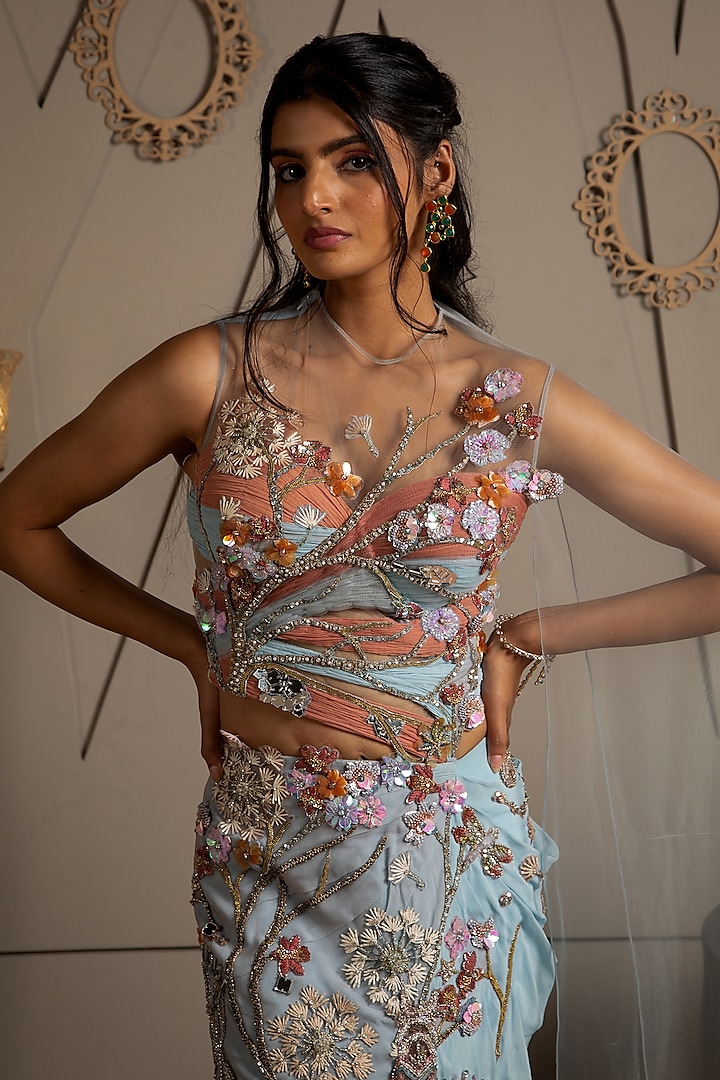 Blue & Rose Ombre Georgette Hand Embroidered Pre-Draped Reception Saree Set by Moledro at Pernia's Pop Up Shop