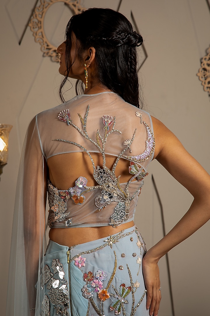 Blue & Rose Ombre Georgette Hand Embroidered Pre-Draped Reception Saree Set by Moledro at Pernia's Pop Up Shop
