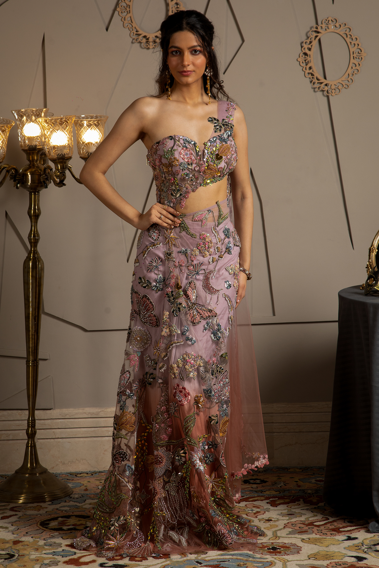 Taupe & Orchid Tint Shimmer Net Hand Embroidered Ombre Pre-Draped Reception Saree by Moledro at Pernia's Pop Up Shop