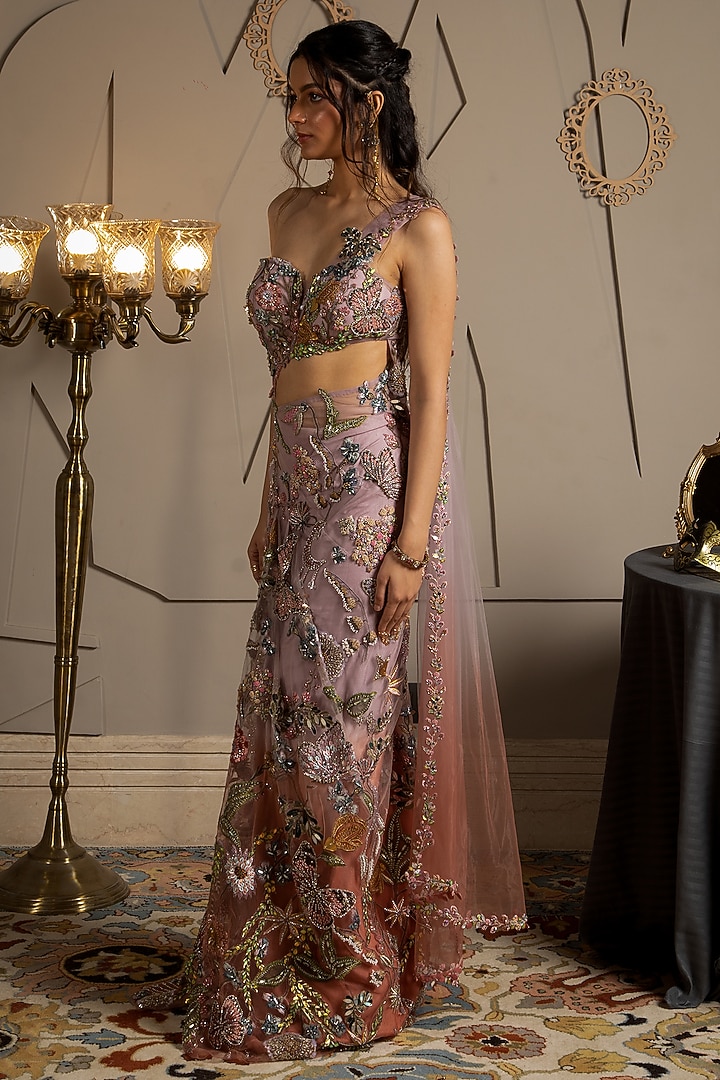 Taupe & Orchid Tint Shimmer Net Hand Embroidered Ombre Pre-Draped Reception Saree by Moledro at Pernia's Pop Up Shop