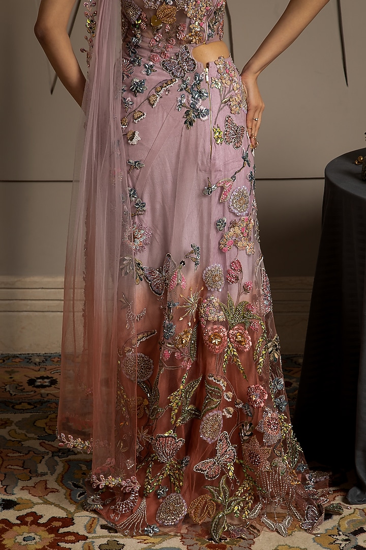 Taupe & Orchid Tint Shimmer Net Hand Embroidered Ombre Pre-Draped Reception Saree by Moledro at Pernia's Pop Up Shop