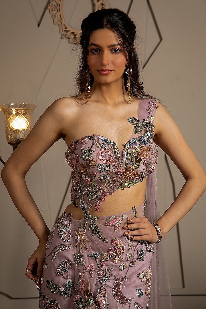 Taupe & Orchid Tint Shimmer Net Hand Embroidered Ombre Pre-Draped Reception Saree by Moledro at Pernia's Pop Up Shop