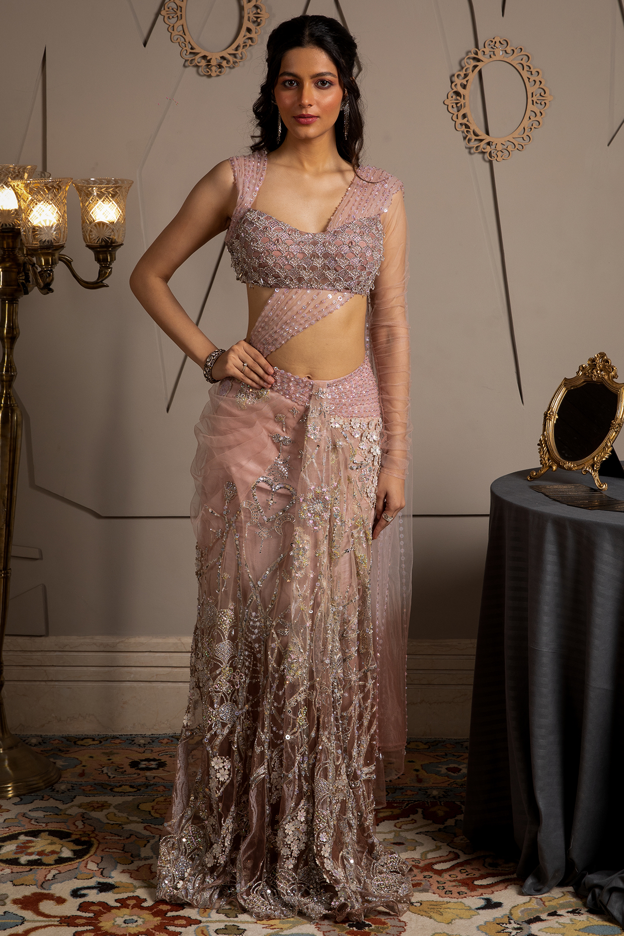 Taupe & Pink Shimmer Net Hand Embroidered Pre-Draped Reception Saree Set by Moledro at Pernia's Pop Up Shop