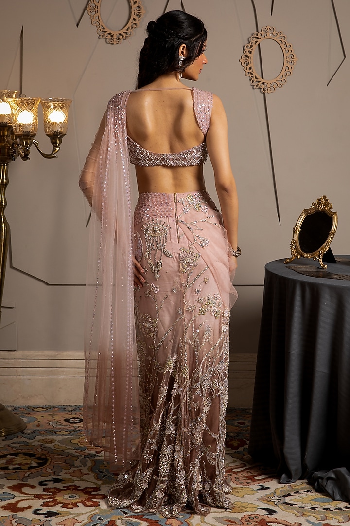 Taupe & Pink Shimmer Net Hand Embroidered Pre-Draped Reception Saree Set by Moledro at Pernia's Pop Up Shop