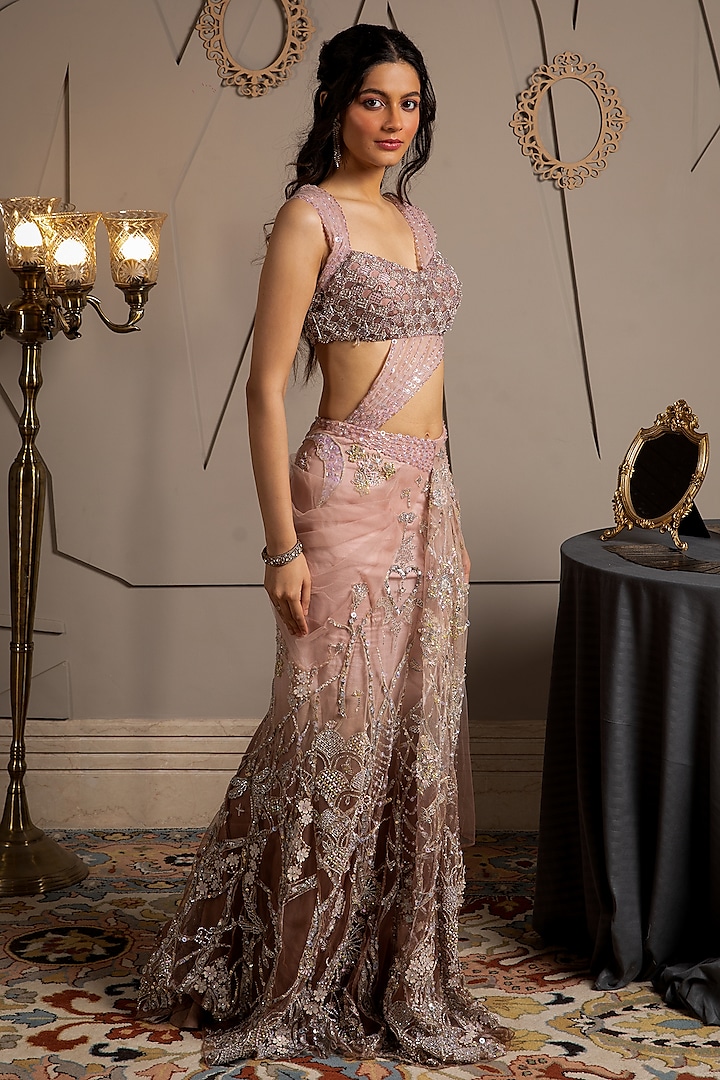 Taupe & Pink Shimmer Net Hand Embroidered Pre-Draped Reception Saree Set by Moledro at Pernia's Pop Up Shop
