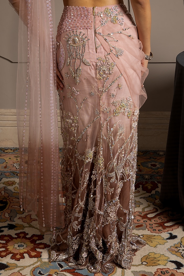 Taupe & Pink Shimmer Net Hand Embroidered Pre-Draped Reception Saree Set by Moledro at Pernia's Pop Up Shop