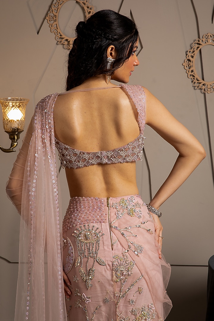Taupe & Pink Shimmer Net Hand Embroidered Pre-Draped Reception Saree Set by Moledro at Pernia's Pop Up Shop