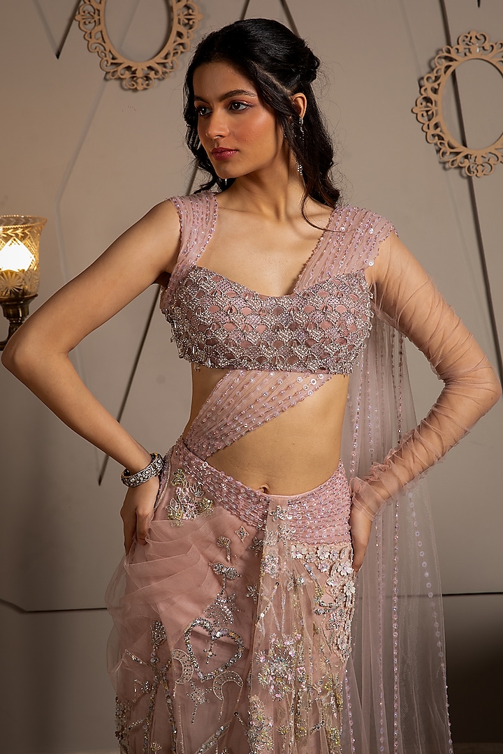 Taupe & Pink Shimmer Net Hand Embroidered Pre-Draped Reception Saree Set by Moledro at Pernia's Pop Up Shop