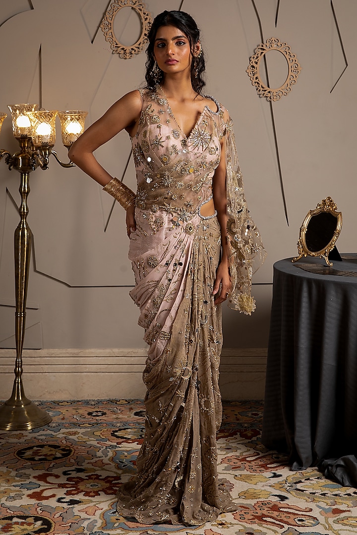 Taupe & Pink Georgette Hand Embroidered Pre-Draped Reception Saree by Moledro at Pernia's Pop Up Shop