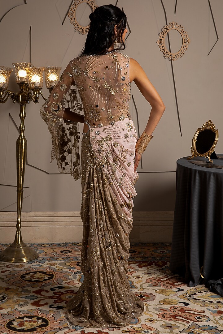 Taupe & Pink Georgette Hand Embroidered Pre-Draped Reception Saree by Moledro at Pernia's Pop Up Shop