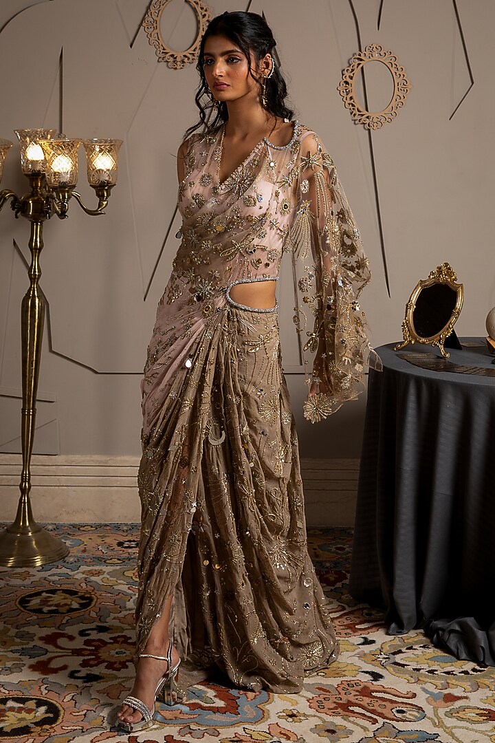 Taupe & Pink Georgette Hand Embroidered Pre-Draped Reception Saree by Moledro at Pernia's Pop Up Shop