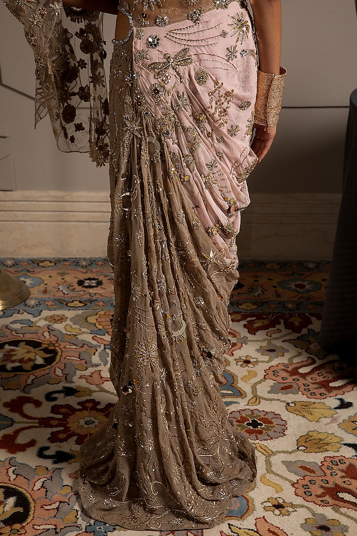 Taupe & Pink Georgette Hand Embroidered Pre-Draped Reception Saree by Moledro at Pernia's Pop Up Shop