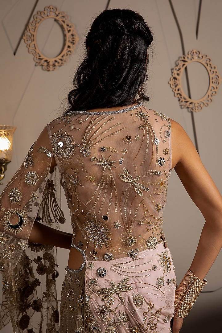 Taupe & Pink Georgette Hand Embroidered Pre-Draped Reception Saree by Moledro at Pernia's Pop Up Shop