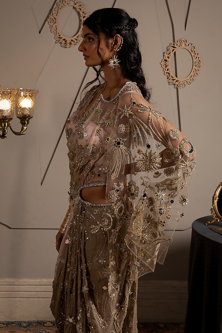 Taupe & Pink Georgette Hand Embroidered Pre-Draped Reception Saree by Moledro at Pernia's Pop Up Shop