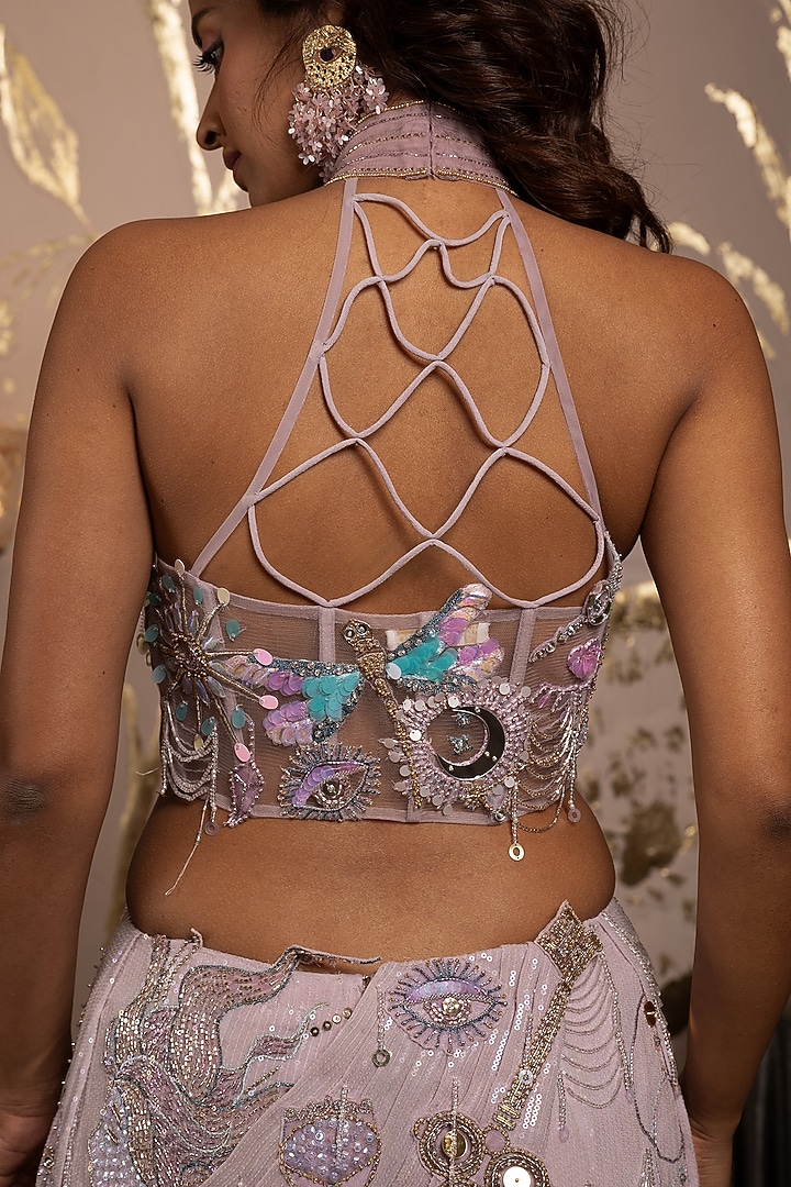 Orchid Tint & Pink Sequins Georgette Hand Embroidered Co-Ord Set by Moledro at Pernia's Pop Up Shop