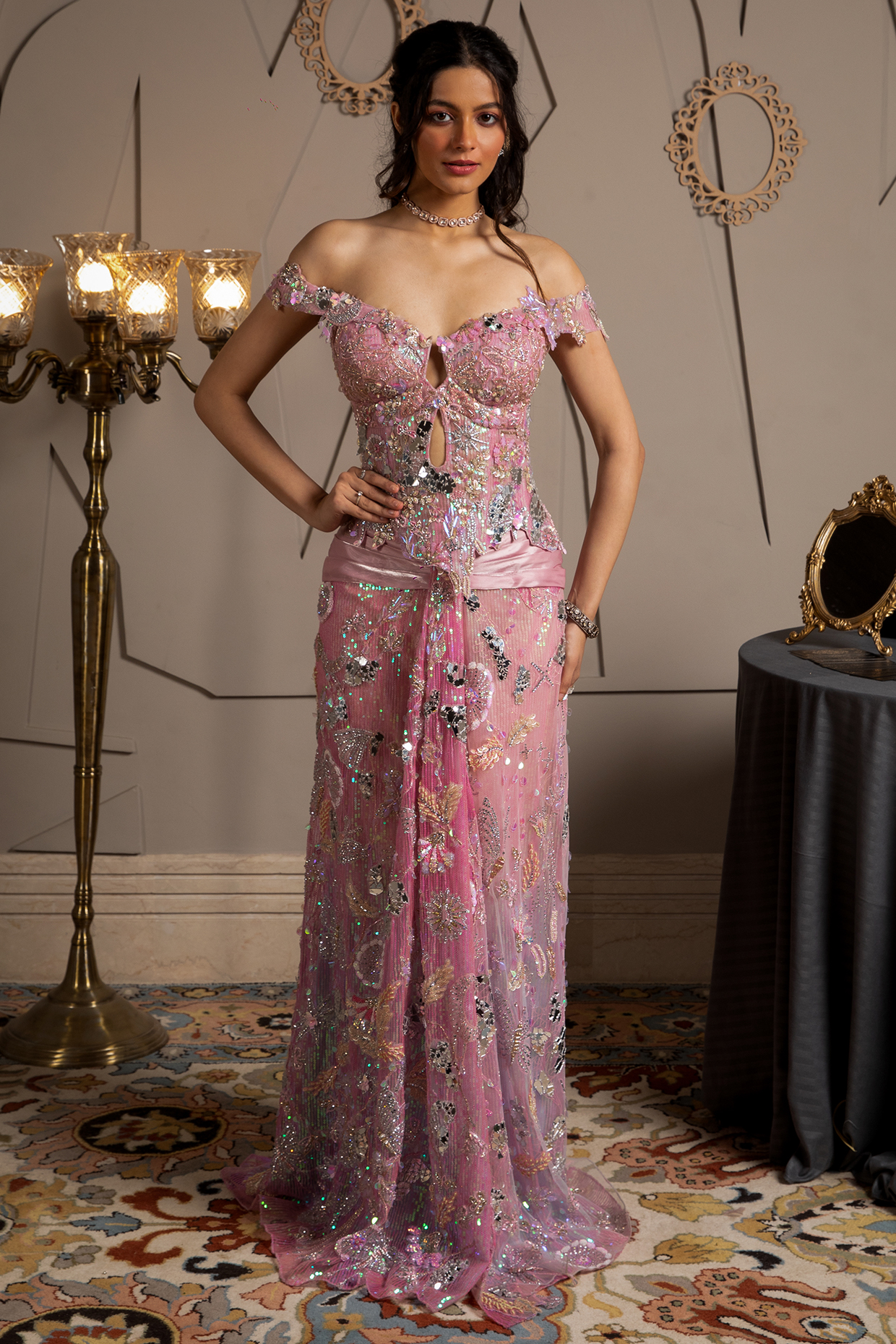 Pink Shimmer Net Hand Embroidered Pre-Draped Skirt Reception Saree Set by Moledro at Pernia's Pop Up Shop