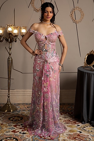 Pink Shimmer Net Hand Embroidered Pre-Draped Skirt Saree Set by Moledro