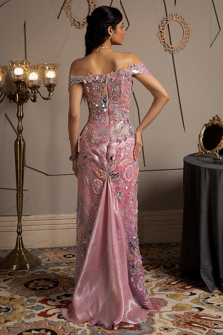 Pink Shimmer Net Hand Embroidered Pre-Draped Skirt Reception Saree Set by Moledro at Pernia's Pop Up Shop