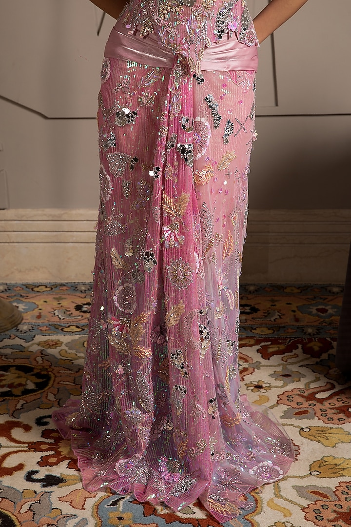 Pink Shimmer Net Hand Embroidered Pre-Draped Skirt Reception Saree Set by Moledro at Pernia's Pop Up Shop
