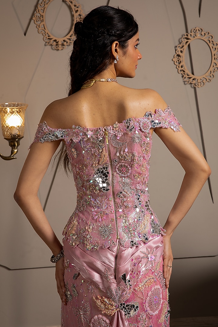 Pink Shimmer Net Hand Embroidered Pre-Draped Skirt Reception Saree Set by Moledro at Pernia's Pop Up Shop