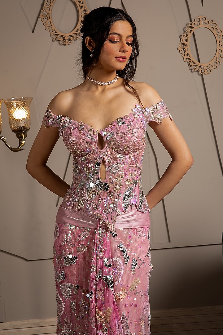 Pink Shimmer Net Hand Embroidered Pre-Draped Skirt Reception Saree Set by Moledro at Pernia's Pop Up Shop