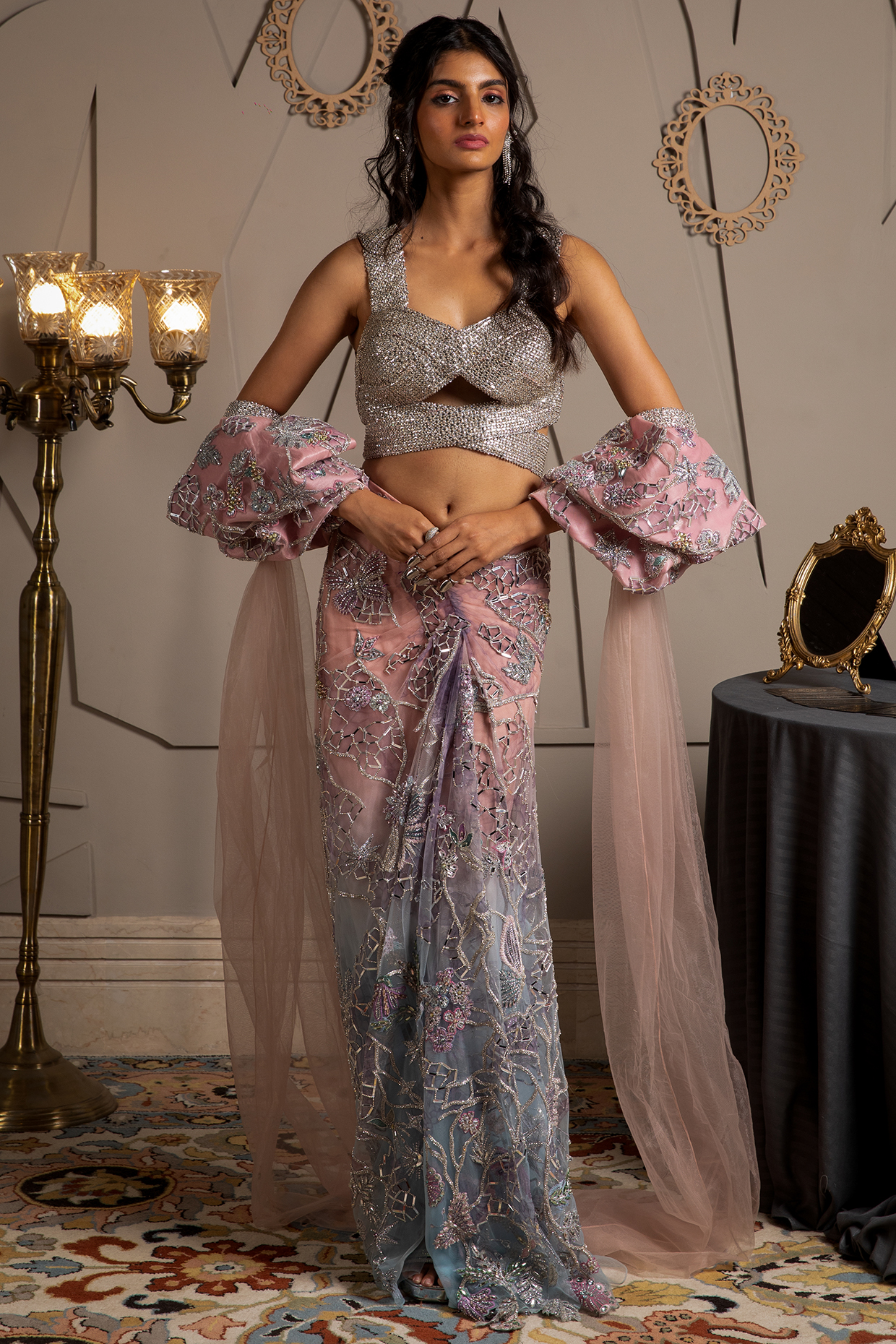 Multi-Colored Ombre Shimmer Net Cutdana Embroidered Pre-Draped Reception Saree Set by Moledro at Pernia's Pop Up Shop
