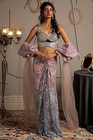 Multi-Colored Ombre Shimmer Net Cutdana Embroidered Pre-Draped Saree Set by Moledro