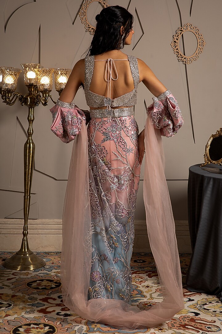 Multi-Colored Ombre Shimmer Net Cutdana Embroidered Pre-Draped Reception Saree Set by Moledro at Pernia's Pop Up Shop