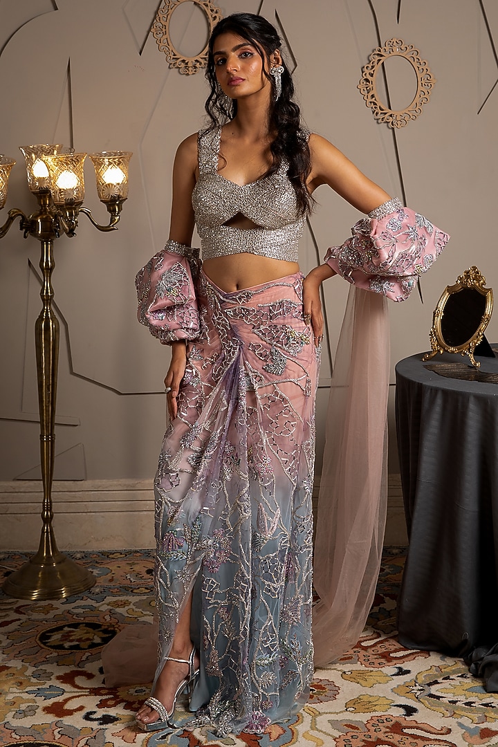 Multi-Colored Ombre Shimmer Net Cutdana Embroidered Pre-Draped Reception Saree Set by Moledro at Pernia's Pop Up Shop