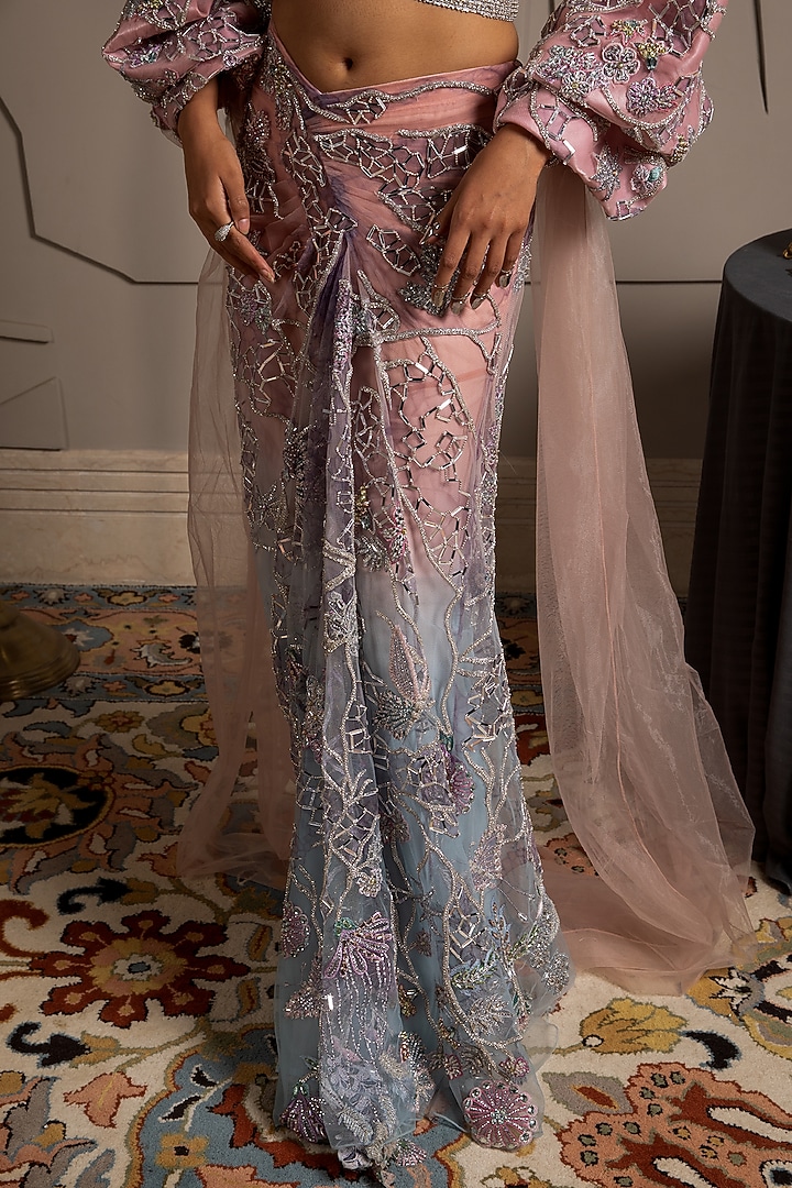 Multi-Colored Ombre Shimmer Net Cutdana Embroidered Pre-Draped Reception Saree Set by Moledro at Pernia's Pop Up Shop