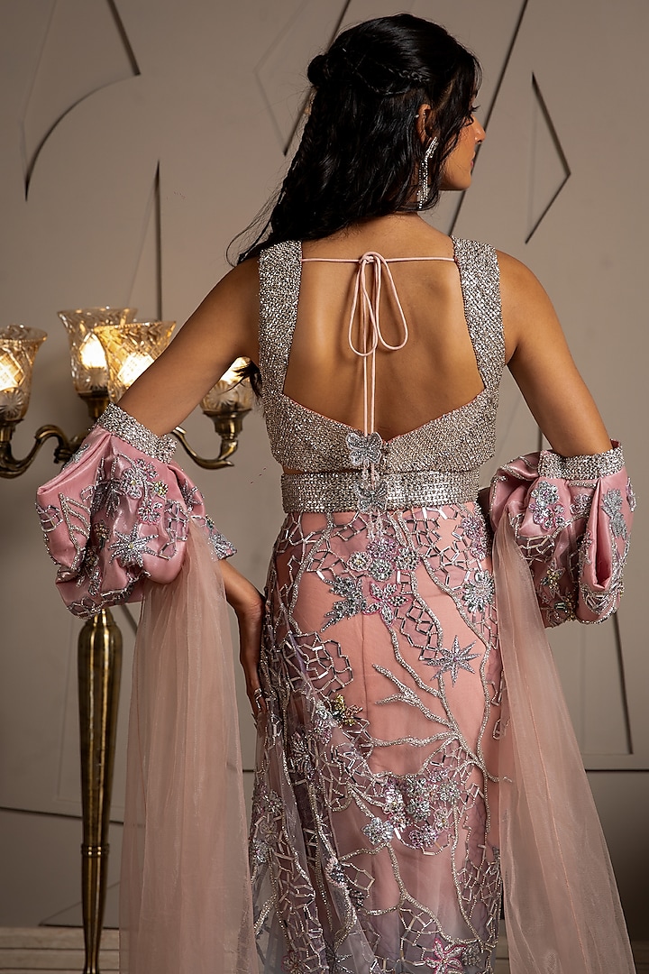 Multi-Colored Ombre Shimmer Net Cutdana Embroidered Pre-Draped Reception Saree Set by Moledro at Pernia's Pop Up Shop