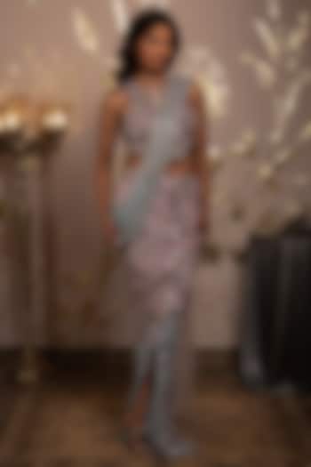 Orchid Tint & Blue Georgette Hand Embroidered Pre-Draped Reception Saree Set by Moledro at Pernia's Pop Up Shop