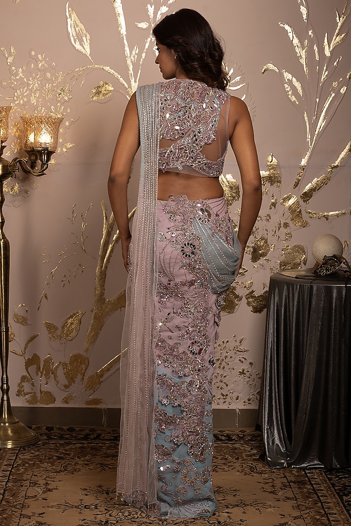 Orchid Tint & Blue Georgette Hand Embroidered Pre-Draped Reception Saree Set by Moledro at Pernia's Pop Up Shop