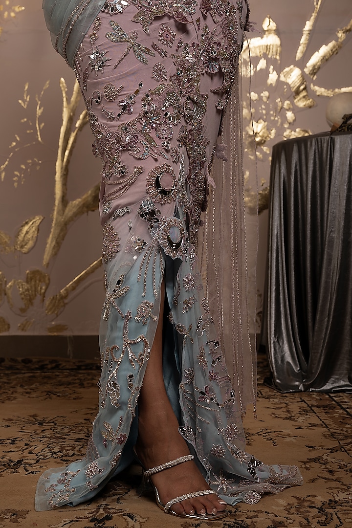 Orchid Tint & Blue Georgette Hand Embroidered Pre-Draped Reception Saree Set by Moledro at Pernia's Pop Up Shop