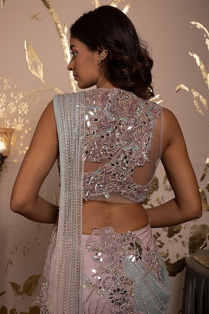 Orchid Tint & Blue Georgette Hand Embroidered Pre-Draped Reception Saree Set by Moledro at Pernia's Pop Up Shop