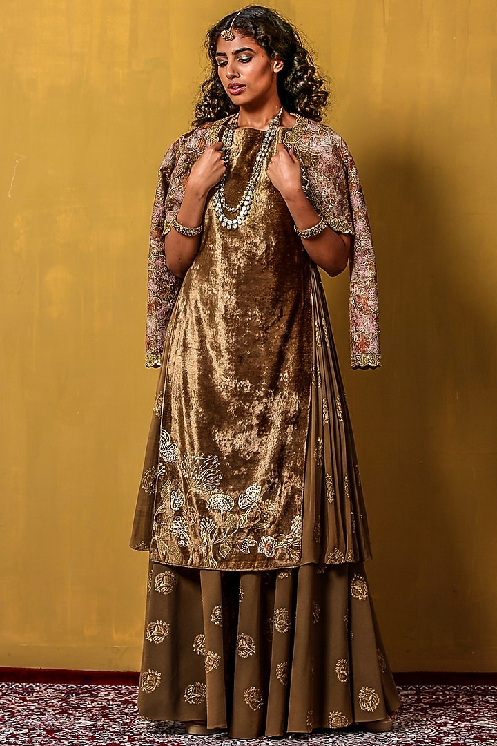 Covert Green Printed & Embroidered Wedding Sharara Set by Moledro at Pernia's Pop Up Shop