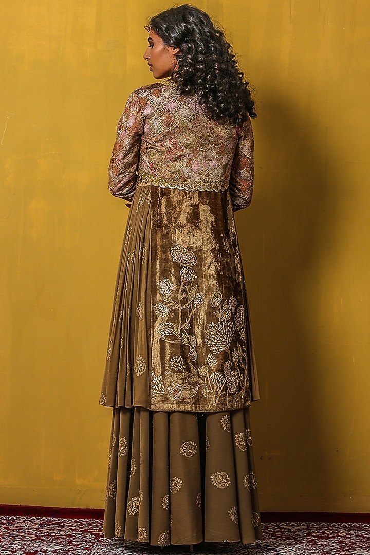 Covert Green Printed & Embroidered Wedding Sharara Set by Moledro at Pernia's Pop Up Shop