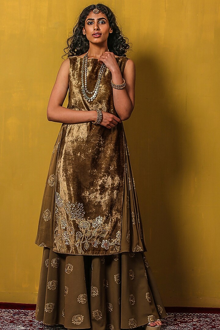 Covert Green Printed & Embroidered Wedding Sharara Set by Moledro at Pernia's Pop Up Shop