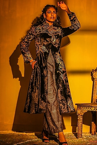 Black Bean Foil Printed Jacket Set by Moledro