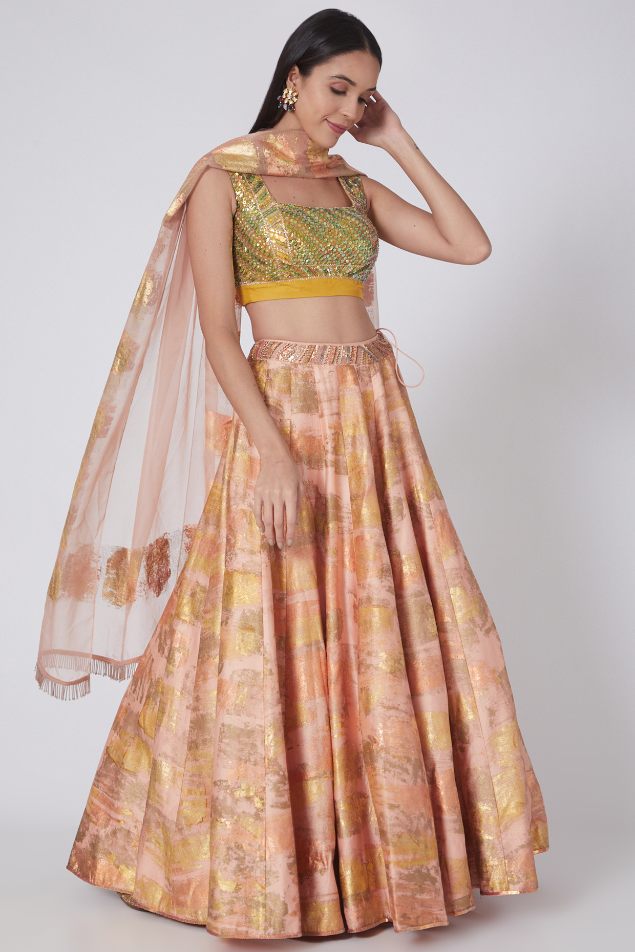 Peach Lehenga Set With Gold Foil Work by MOLEDRO