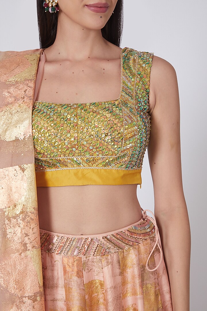 Peach Wedding Lehenga Set With Gold Foil Work by MOLEDRO at Pernia's Pop Up Shop