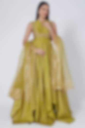 Lime Green Asymmetrical Anarkali Gown by MOLEDRO at Pernia's Pop Up Shop